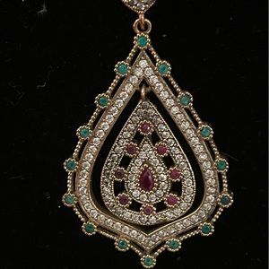 Vintage style pendant silver/brass stimulation of ruby, emerald, topaz